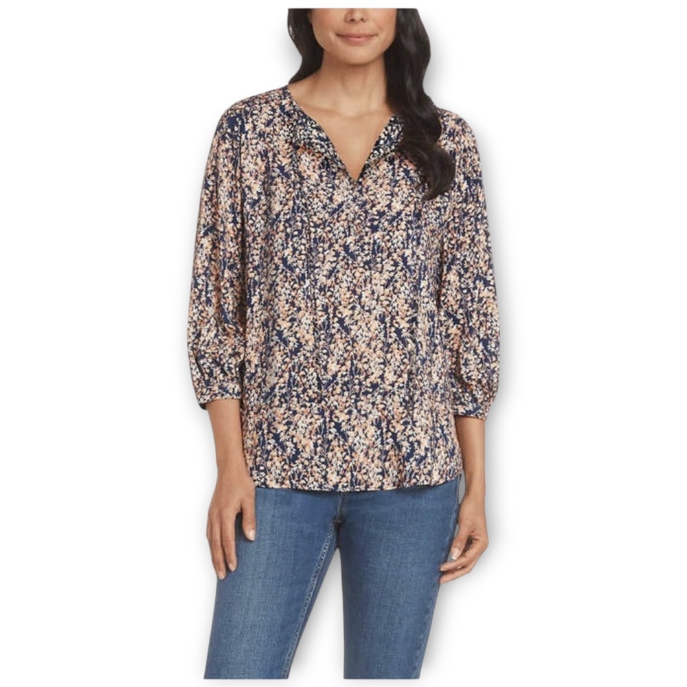 NWT Matty M Women's Ink Floral Rayon 3/4 Sleeve Tie Front Blouse Top Navy Large
